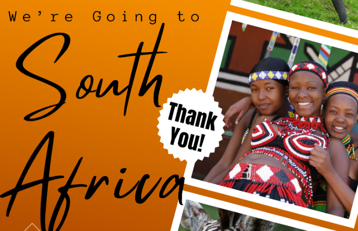 3 South Africans wearing traditional attire, an elephant and a zebra